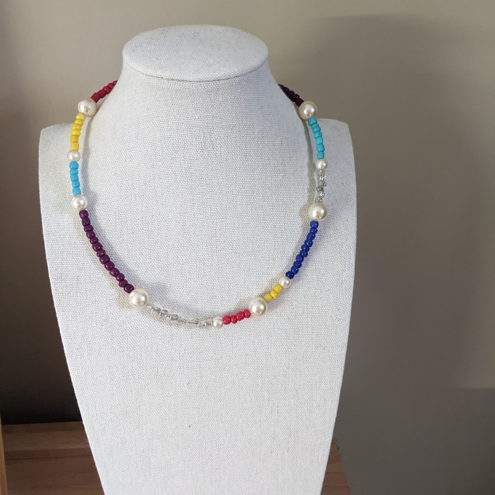 Colorful Beaded Necklace with Faux Pearls